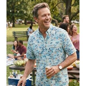 Club Room Button Down Shirt, Size XL, Blue Island Print, S/S Cotton Blend GUC